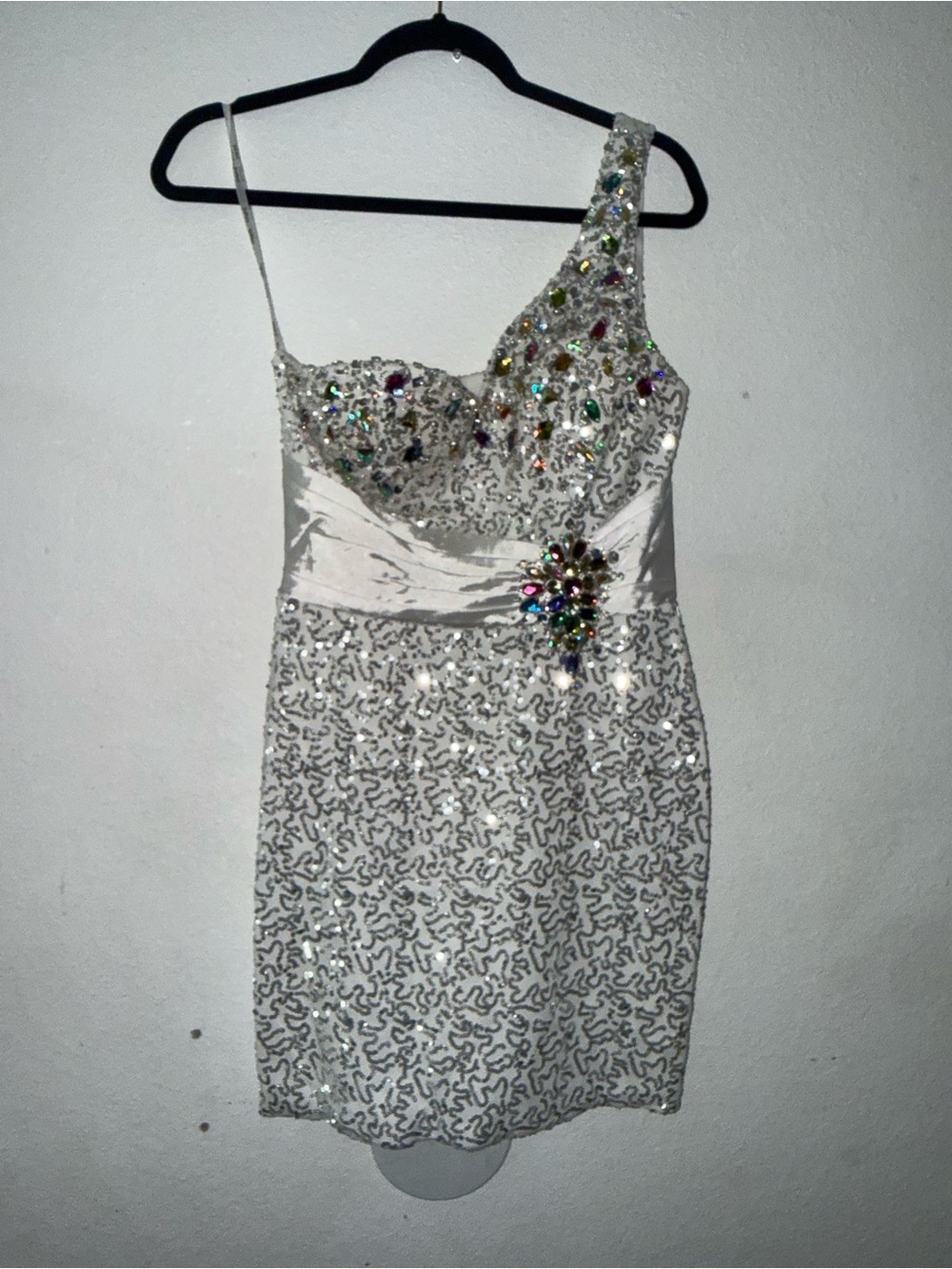 Silver One-Shoulder Sequin Cocktail Dress with Multicolor Jewel Accents